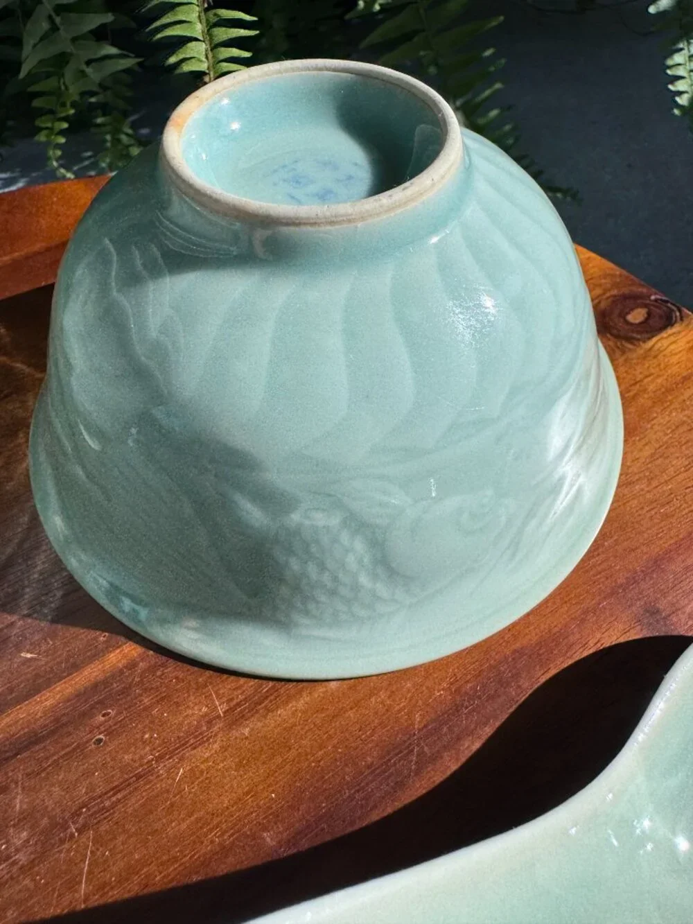 Vintage Longquan Celadon Koi Fish Bowl Green Porcelain Rice Soup Bowl with Spoon